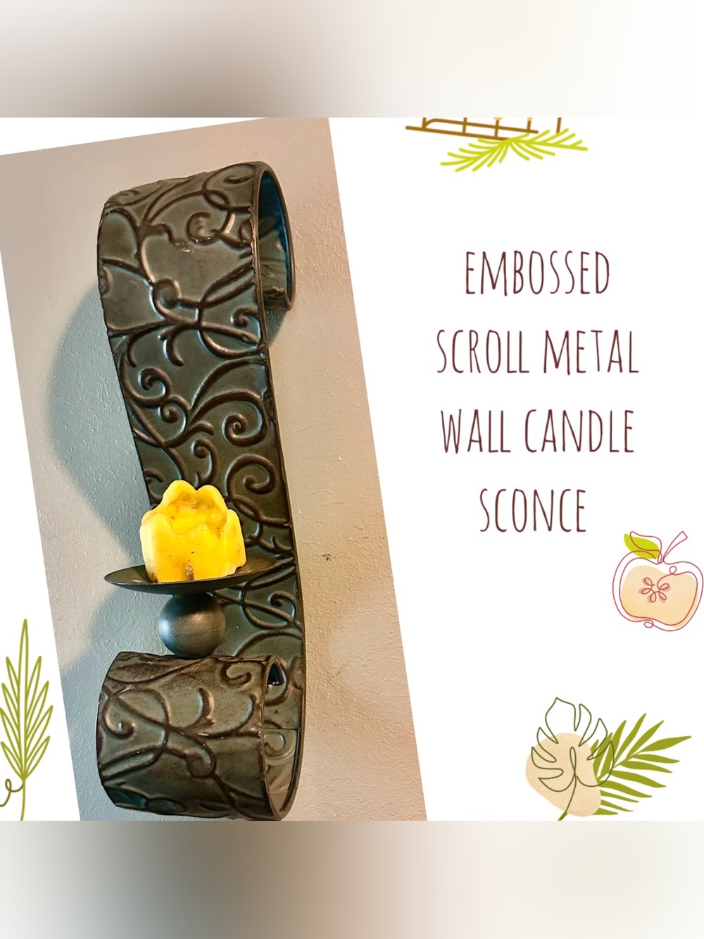 Embossed Scroll Metal Wall Candle Sconce - Black